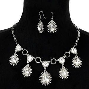 Rhinestone Teardrop Silver Fancy Formal Necklace Earrings Set